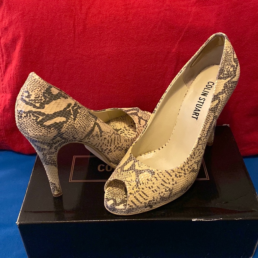 Colin Stuart Snake Print Peep-Toe Platforms